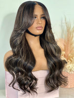 Cargar imagen en el visor de la galería, Brown highlighted curtain bang wig with 5x5 HD closure glueless install
