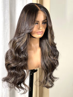 Cargar imagen en el visor de la galería, Brown highlights curtain bang wig with 5x5 HD closure glueless install

