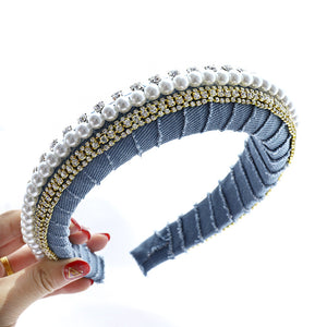 Denim padded headband with pearls and diamonds