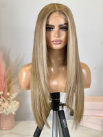 Load image into Gallery viewer, Sandy beige golden blonde wig. Luxury wigs. Human hair wigs. Designer wig with HD lace
