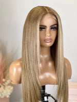Load image into Gallery viewer, Sandy beige golden blonde wig. Luxury wigs. Human hair wigs. Designer wig with HD lace
