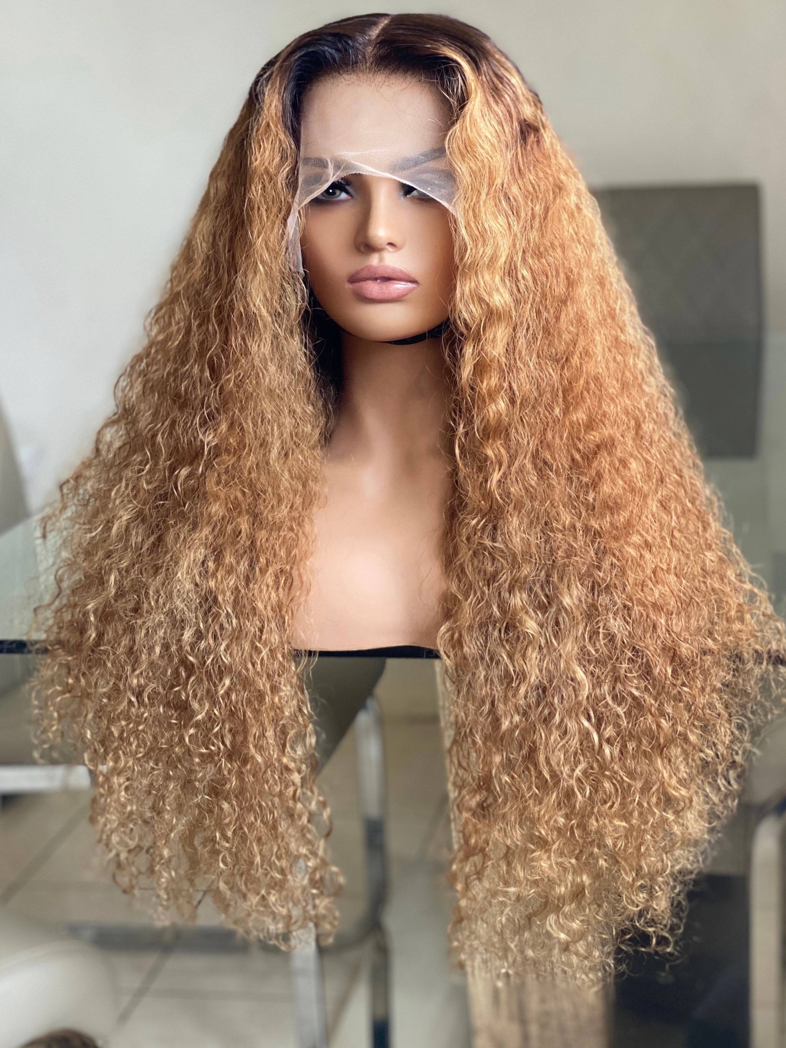 Transparent lace frontal blonde curly wig